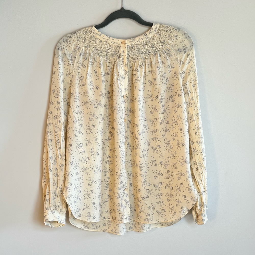 Vince Silk Smocked Blouse Ivory Blue Floral Relaxed Fit M L